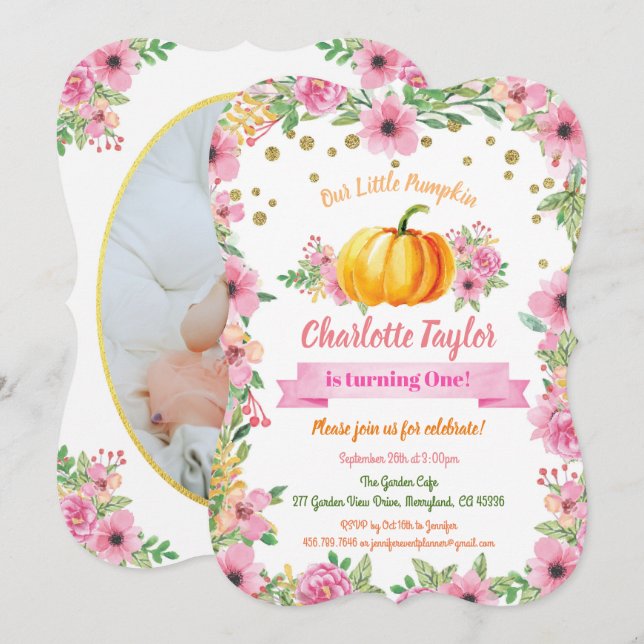 Pumpkin first birthday photo invitation pink (Front/Back)