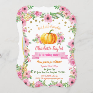 Pumpkin first birthday photo invitation pink
