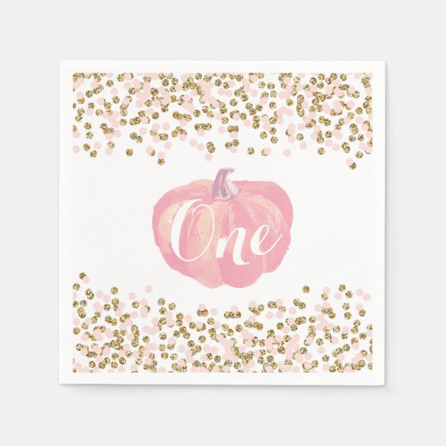 Pumpkin First Birthday Pink and Gold Glitter Napkin (Front)