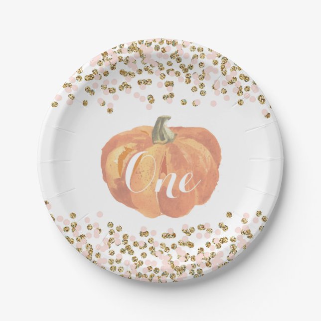 Pumpkin First Birthday Pink and Gold Paper Plates (Front)