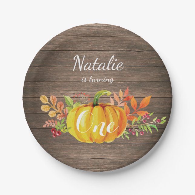 Pumpkin First Birthday Rustic Fall Autumn Paper Plate (Front)