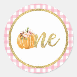 Pumpkin First Birthday Sticker - Pink Plaid