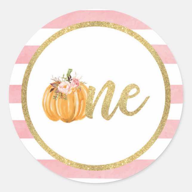 Pumpkin First Birthday Sticker - Pink Stripes (Front)