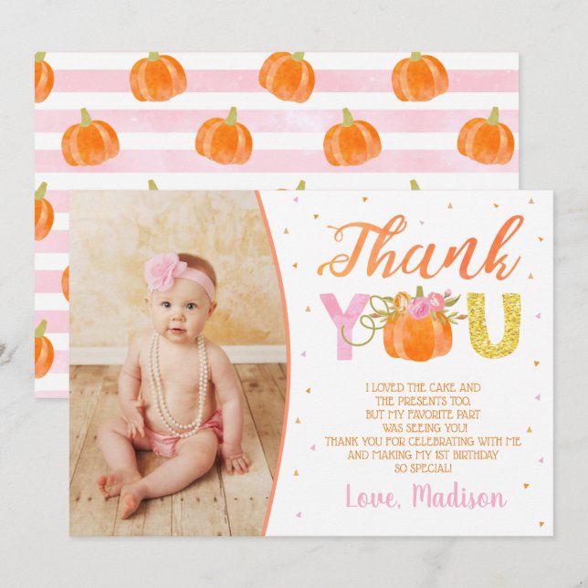 Pumpkin First Birthday Thank You Cards (Front/Back)