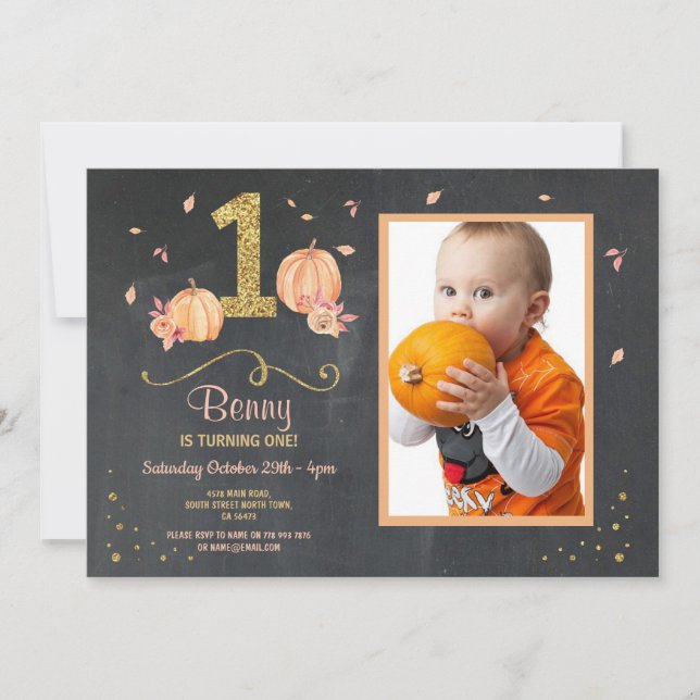 Pumpkin First One Birthday Fall Party Photo Invite (Front)