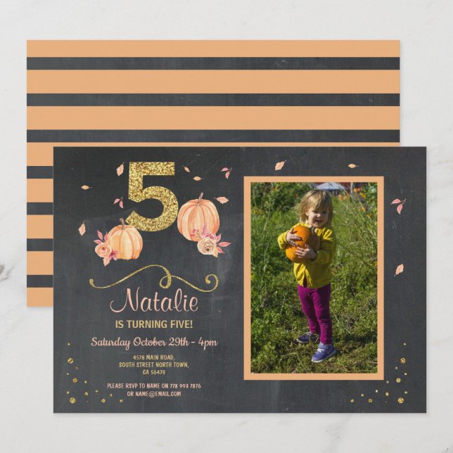 Pumpkin FIVE Birthday 5TH Fall Party Photo Invite (Front/Back)