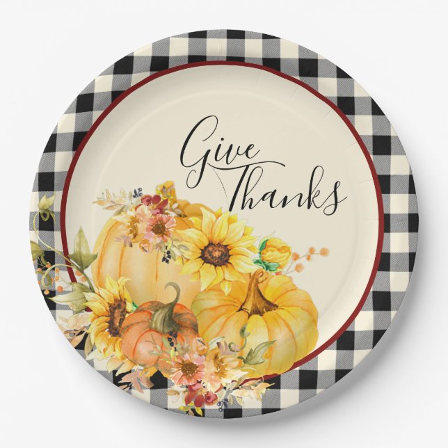 Pumpkin floral and check Thanksgiving Paper Plate (Front)