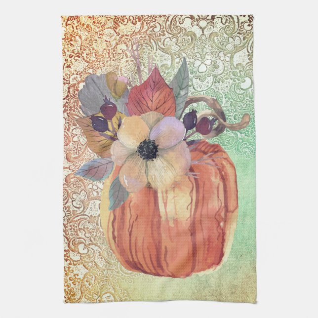 Pumpkin floral and lace fall elegant orange green tea towel (Vertical)