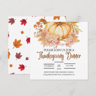 Pumpkin Floral Autumn Leaves Thanksgiving Dinner Invitation