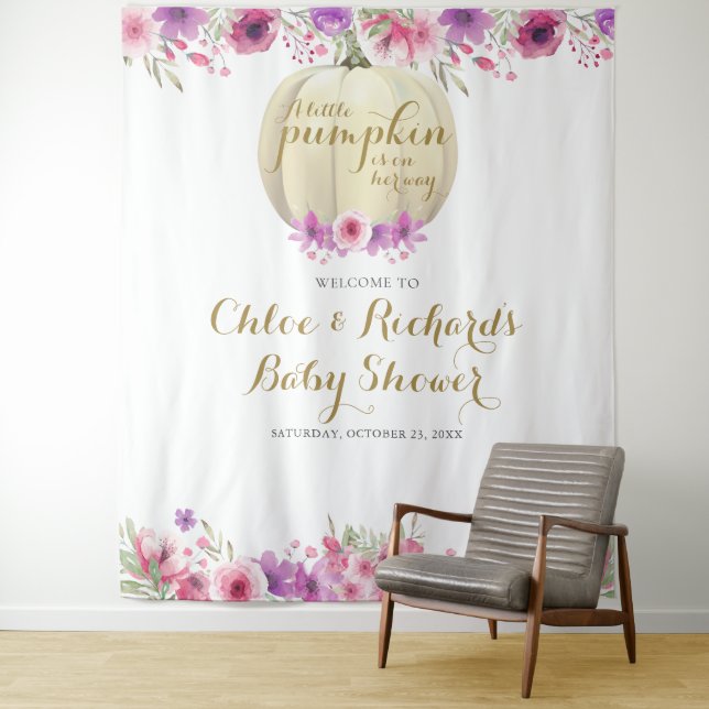 Pumpkin Floral Baby Girl Couples Shower Photo Prop Tapestry (In Situ)