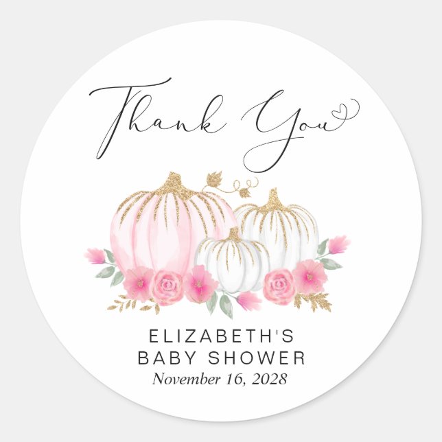 Pumpkin Floral Baby Girl Shower Thank You Classic Round Sticker (Front)