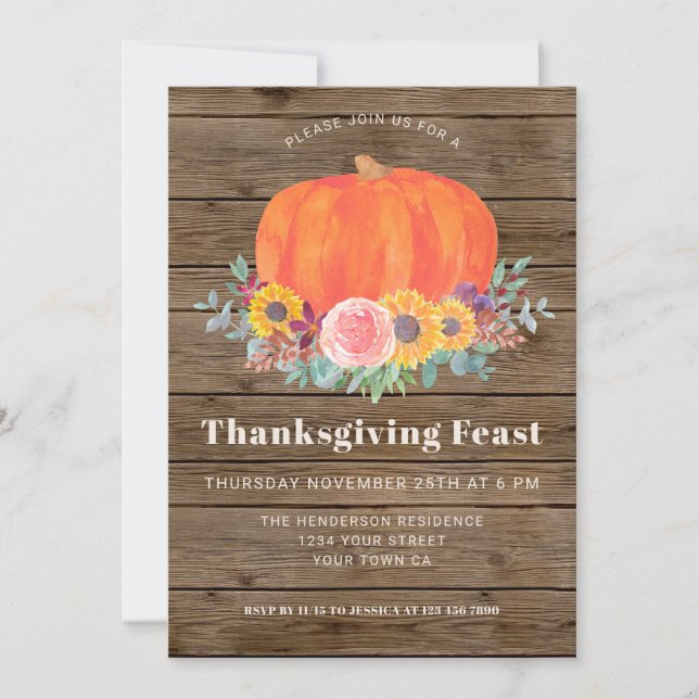 Pumpkin Floral Barn Wood Thanksgiving Dinner Invitation (Front)