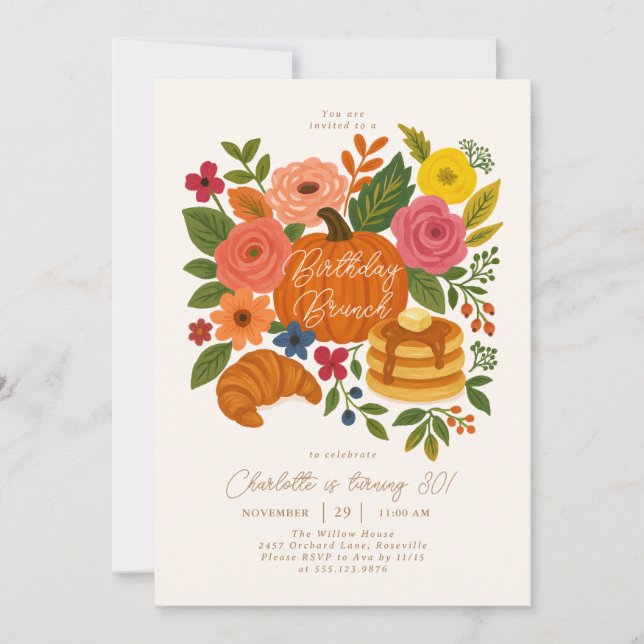 Pumpkin Floral Birthday Brunch Invitation Fall (Front)