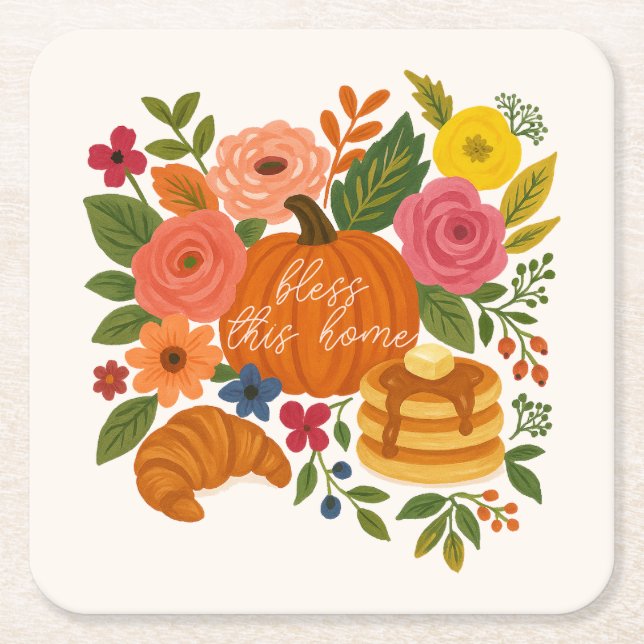 Pumpkin Floral Bless This Home Coaster Fall (Front)