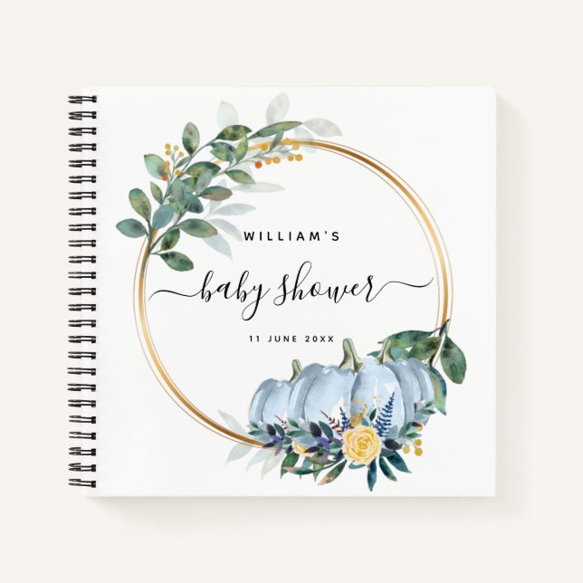Pumpkin Floral Fall Blue Baby Shower Guestbook  Notebook (Front)