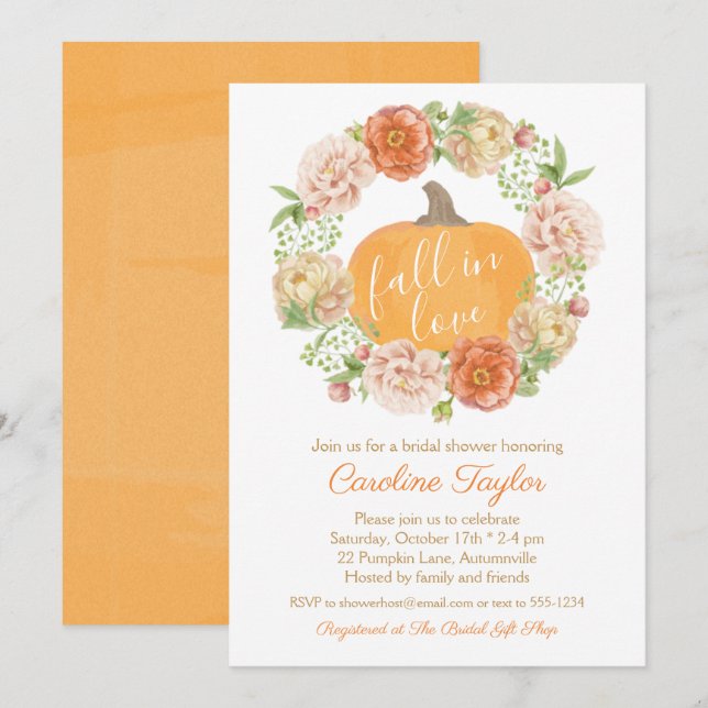 Pumpkin Floral Fall in Love Fall Bridal Shower Invitation (Front/Back)