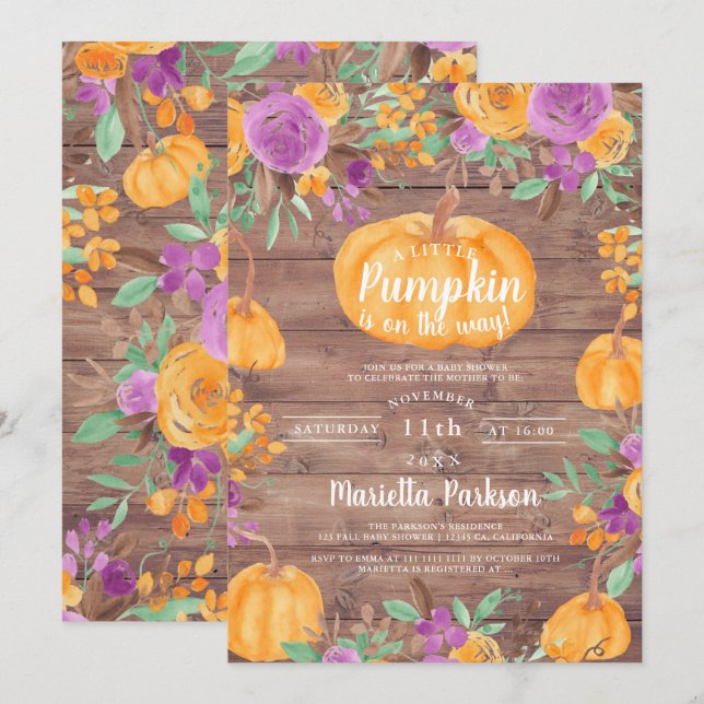 Pumpkin floral fall watercolor wood baby shower invitation (Front/Back)