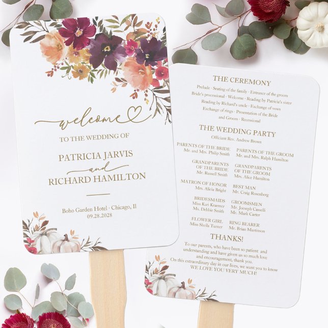 Pumpkin Floral Fall Wedding Ceremony Program Hand Fan (Creator Uploaded)