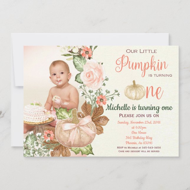 Pumpkin Floral First Birthday Rustic Invitation (Front)