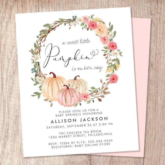 Pumpkin Floral Girl Baby Sprinkle Invitation (Celebrate the upcoming arrival of your sweet little autumn baby with a pumpkin-themed baby sprinkle)