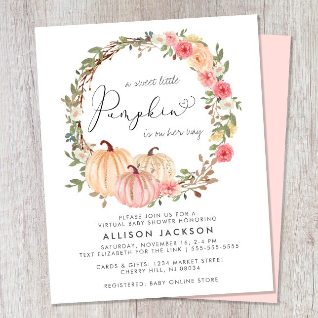Pumpkin Floral Girl Virtual Baby Shower Invitation (Celebrate the upcoming arrival of your little autumn baby with a pumpkin-themed virtual baby shower)