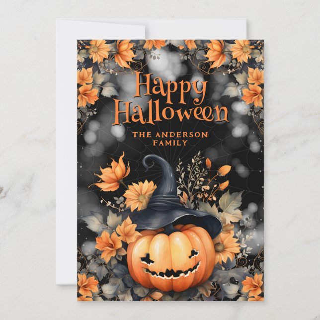 Pumpkin Floral Happy Halloween Card (Front)