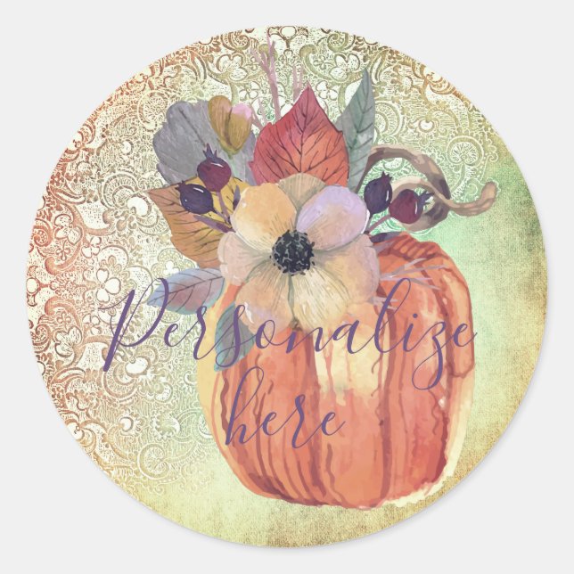 Pumpkin floral lace fall elegant rustic terracotta classic round sticker (Front)