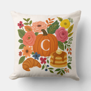 Pumpkin Floral Monogram Throw Pillow