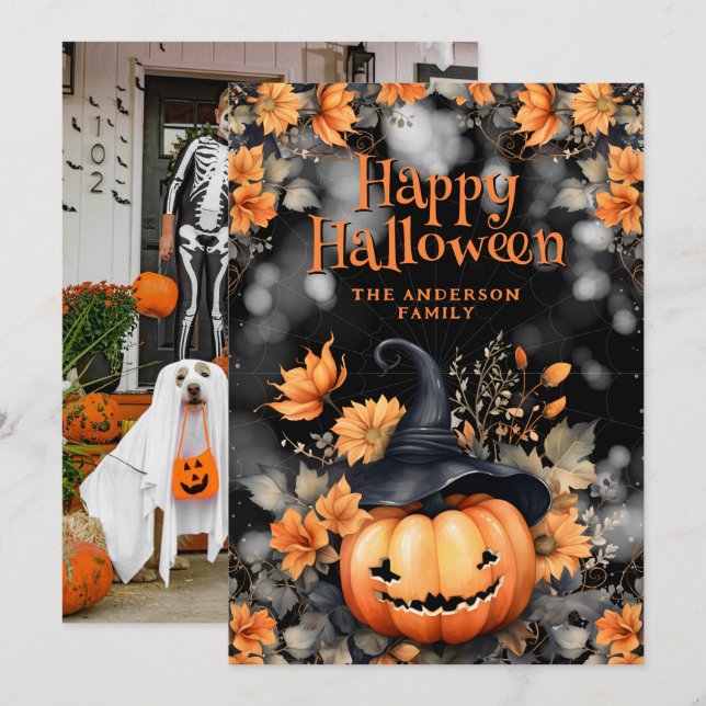 Pumpkin Floral Photo Happy Halloween Card (Front/Back)