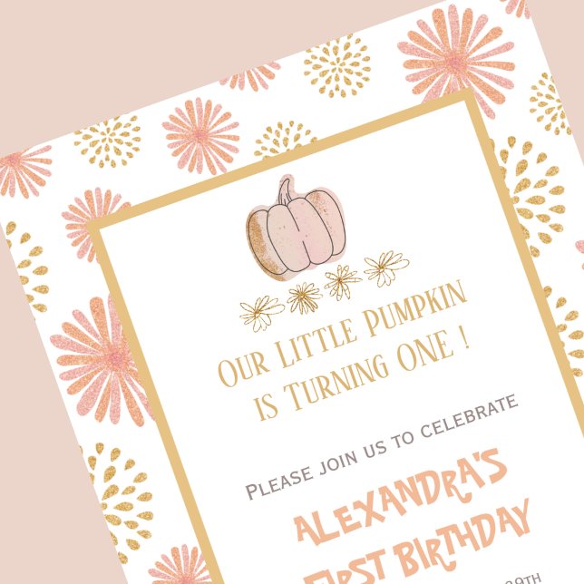 Pumpkin Floral Pink Gold Halloween 1st birthday Invitation (Halloween-1st-birthday-Invitation-Pumpkin-Floral-Pink-Gold-1)