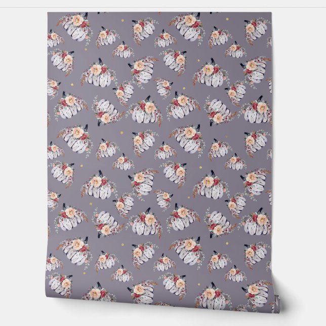 Pumpkin floral purple grey watercolor pattern fall wallpaper (Unrolling)