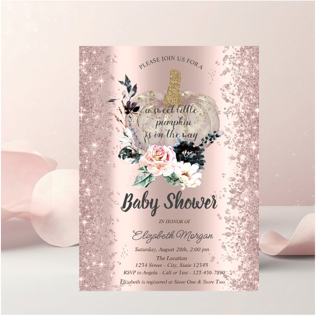 Pumpkin,Floral,Rose Gold Sparkle Baby Shower Invitation (Creator Uploaded)