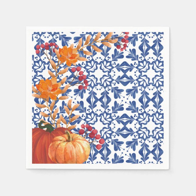 Pumpkin floral Rustic Fall Plaid Vintage Napkin (Front)