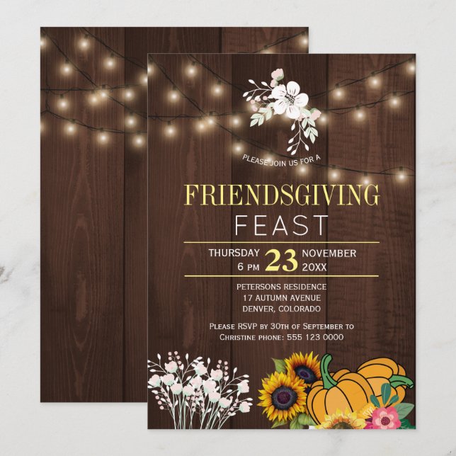 Pumpkin Floral Rustic Wood Lights Friendsgiving Invitation (Front/Back)