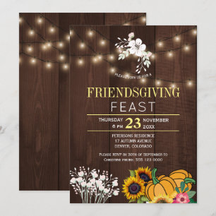 Pumpkin Floral Rustic Wood Lights Friendsgiving Invitation