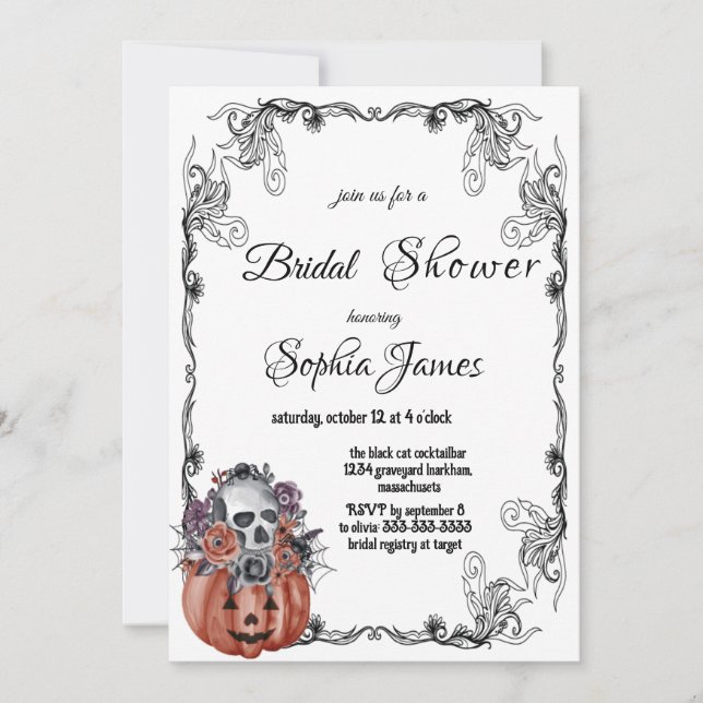 pumpkin floral skull halloween bridal shower  invitation (Front)