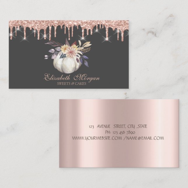 Pumpkin Floral Sweets Rose Gold Drips Bakery Business Card (Front/Back)