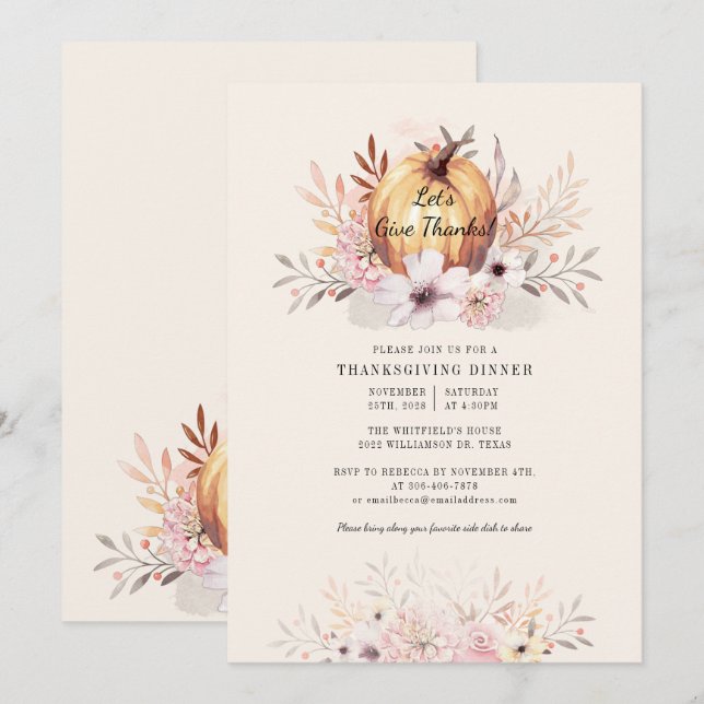 Pumpkin Floral Thanksgiving Family Invitation (Front/Back)