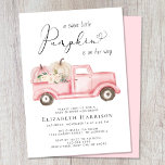 Pumpkin Floral Vintage Truck Baby Girl Shower Invitation<br><div class="desc">A pretty baby girl shower invitation featuring "a sweet little pumpkin is on her way" written in a mix of modern soft grey typography and a script with a heart swash, and watercolors of a pink vintage truck filled with pumpkins and floral bouquets. Easily personalise the mother's name and shower...</div>