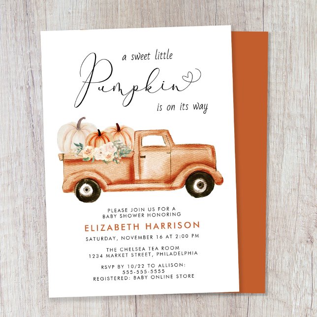 Pumpkin Floral Vintage Truck Baby Shower Invitation (Celebrate the upcoming arrival of your sweet little autumn baby with a pumpkin-themed baby shower)