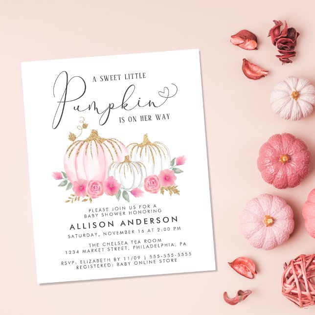 Pumpkin Floral Watercolor Baby Girl Shower Invite (Celebrate the upcoming arrival of your sweet autumn baby girl with a pumpkin-themed baby shower)