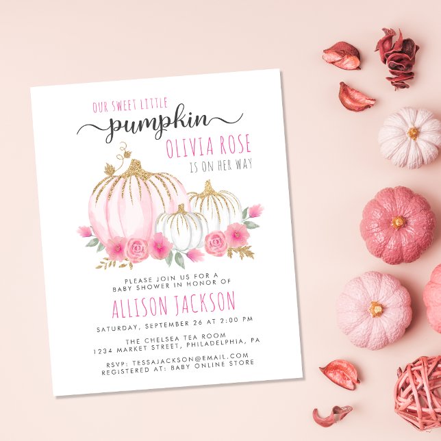  Pumpkin Floral Watercolor Baby Girl Shower Invite (Celebrate the upcoming arrival of your sweet autumn baby girl with a pumpkin-themed baby shower)
