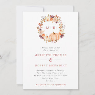 Pumpkin Floral Wreath Monogram Wedding Invitation