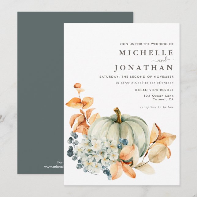 Pumpkin & Florals Wedding Invitation Fall Colours (Front/Back)