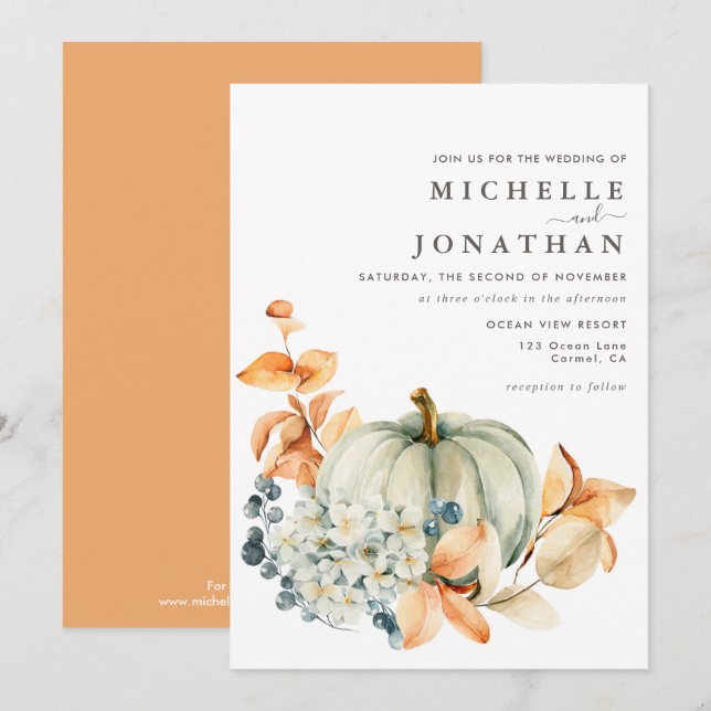 Pumpkin & Florals Wedding Invitation Fall Colours (Front/Back)