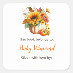 Pumpkin Flower Bouquet Baby Shower Bookplate Square Sticker