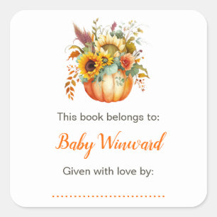 Pumpkin Flower Bouquet Baby Shower Bookplate Square Sticker