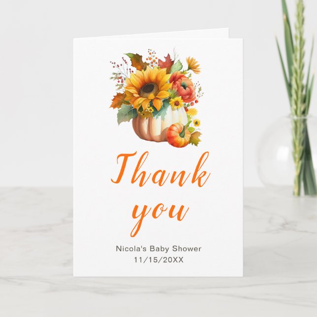 Pumpkin Flower Bouquet Baby Shower Thank You Card (Front)