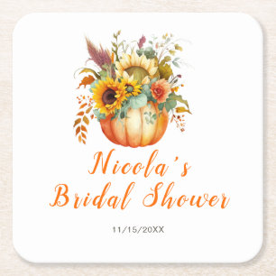 Pumpkin Flower Bouquet Bridal Shower Square Paper Coaster