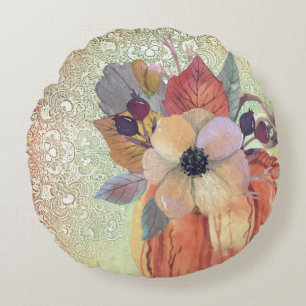 Pumpkin flowers and lace fall elegant  round cushion